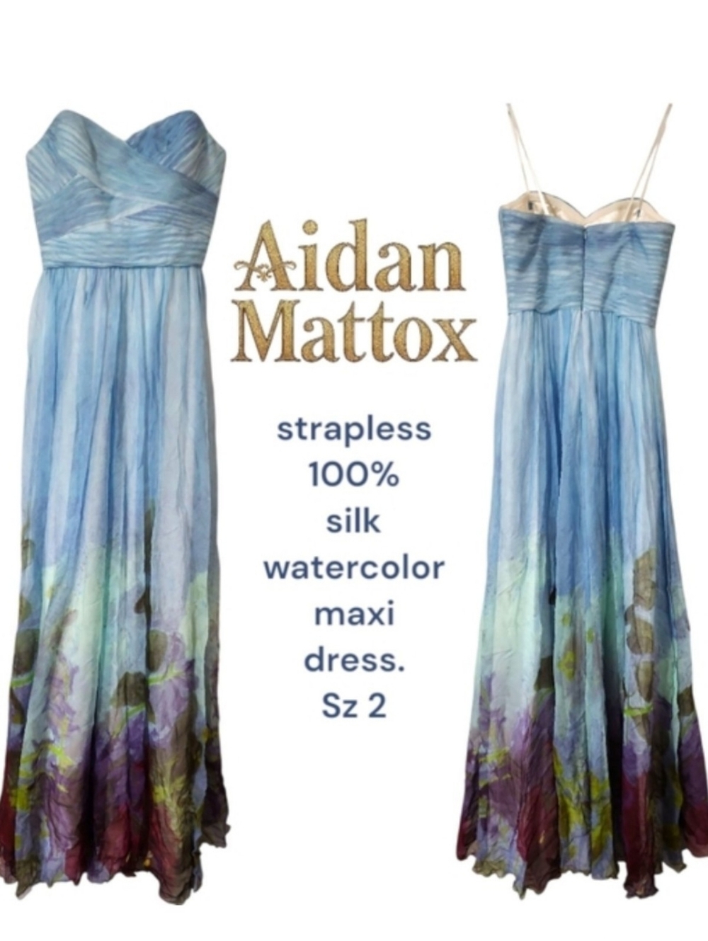Aidan Mattox Women's Silk strapless maxi dress Floral Mult Pastel watercolor 2